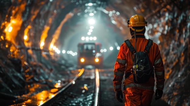 Mineiro inspeccionando a construção ferroviária em um túnel subterrâneo