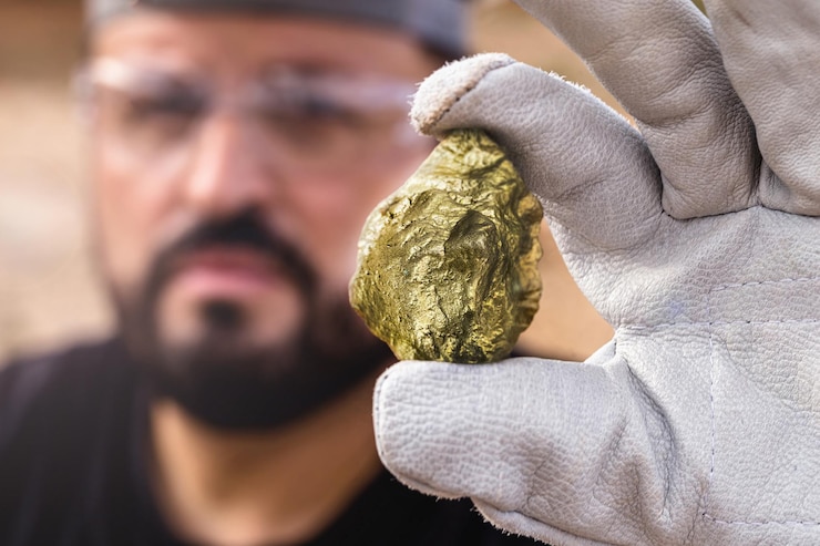 Foto mineiro segurando o foco do ponto de pepita de ouro na exploração mineral de pedras preciosas