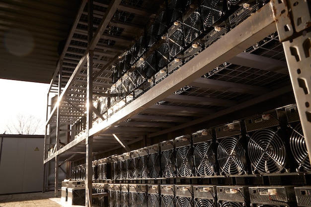 Mineiros Bitcoin ASIC em depósito em estantes para mineração de criptomoeda em contêiner de aço