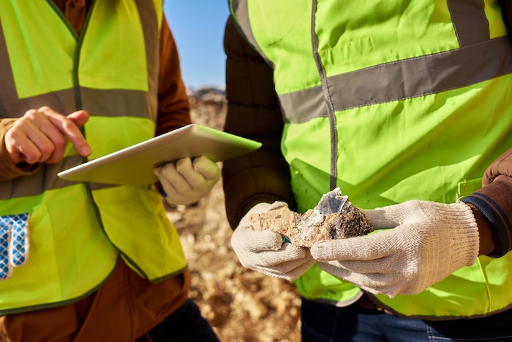 Foto mineiros modernos inspecionando minerais