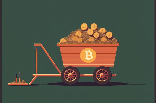 Minenwagen voller Bitcoins mit Hintergrund. AI digitale Illustration