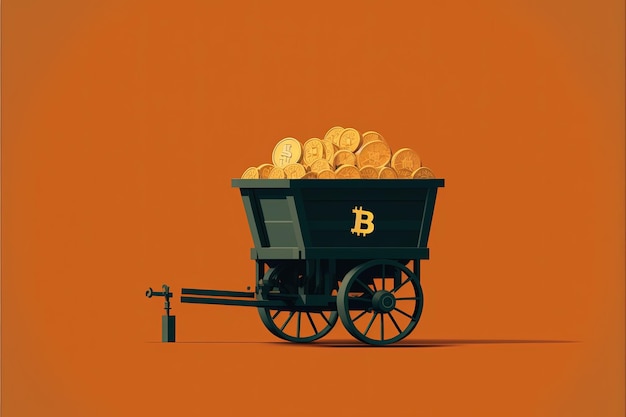 Minenwagen voller Bitcoins mit Hintergrund. AI digitale Illustration