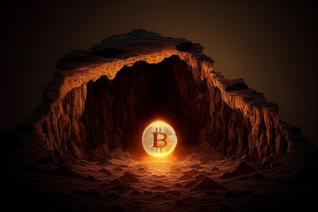 Mineração de bitcoin dourada na caverna profunda da mina Generative AI