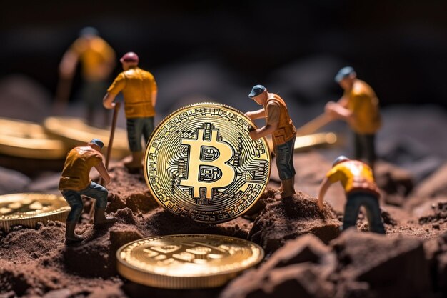 Foto mineração de pessoas em miniatura é a mineração de bitcoin