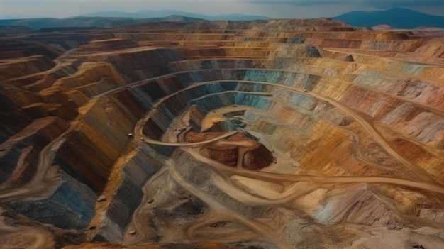 Mineração em altura terraços industriais em uma mina mineral com uma mina a céu aberto vista de cima Exploração de uma mina de dolomita equipamento de escavadeira maciça do setor extrativo
