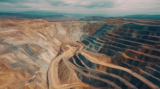 Mineração em altura Terraços industriais em uma mina mineral com uma mina a céu aberto vista de cima Exploração de uma mina de dolomita setor extrativo equipamento de escavadeira maciça Generative AI