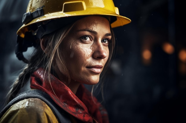 Mineração feminina em capacete IA generativa