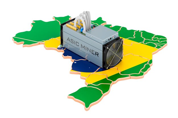 Mineração no Brasil conceito ASIC miner com renderização em 3D do mapa brasileiro