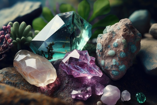 Minerais de cristal de pedras preciosas na geração de IA de fundo de natureza misteriosa