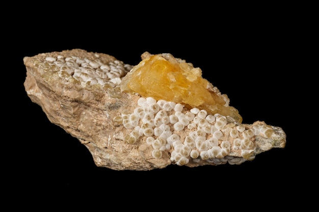 Mineral de aragonita de pedra macro em um fundo preto