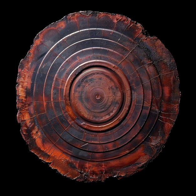 Foto mineral con forma de disco de hierro aplanado de color rojo oxidado y un material de tierra aislado en bg negro