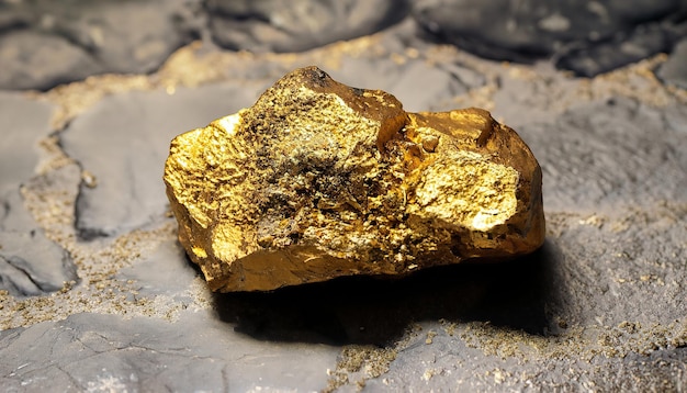 El mineral de oro puro que se encuentra en la mina en un piso de piedra