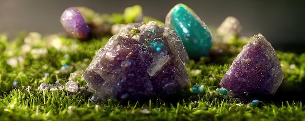 Minerales y cristales preciosos de amatista de fluorita en el fondo del bosque Life Balance Reiki Therapy Pintura generada por IA