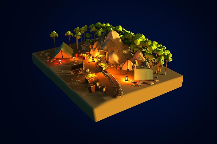 Minería 3d ilustración de entorno de baja poli psd