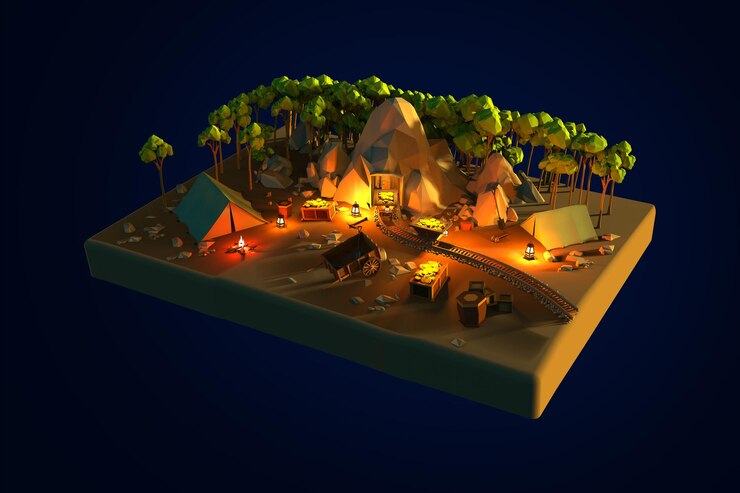 Minería 3d ilustración de entorno de baja poli