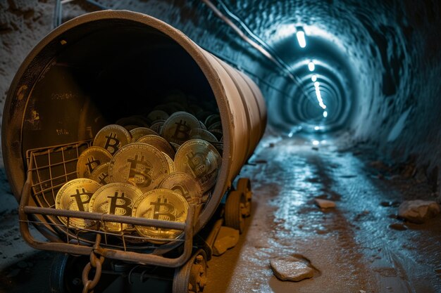 Foto minería de bitcoin en la mina un carro con monedas