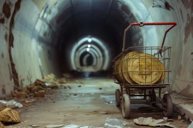 Minería de Bitcoin en la mina un carro con monedas