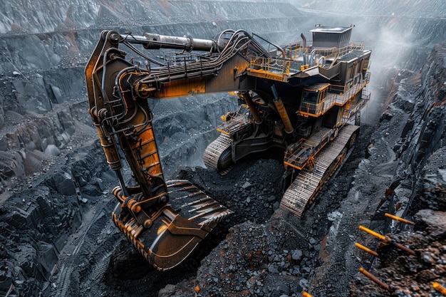 Minería de carbón a cielo abierto Cantera profunda Una enorme excavadora de rueda de cubo con una trituradora de impacto mina carbón