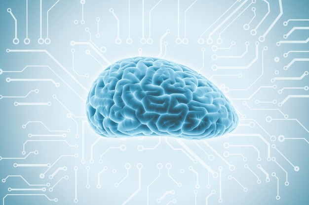 Minería de datos de inteligencia artificial y concepto de aprendizaje automático con cerebro humano azul digital sobre fondo claro con renderizado 3D de microcircuito