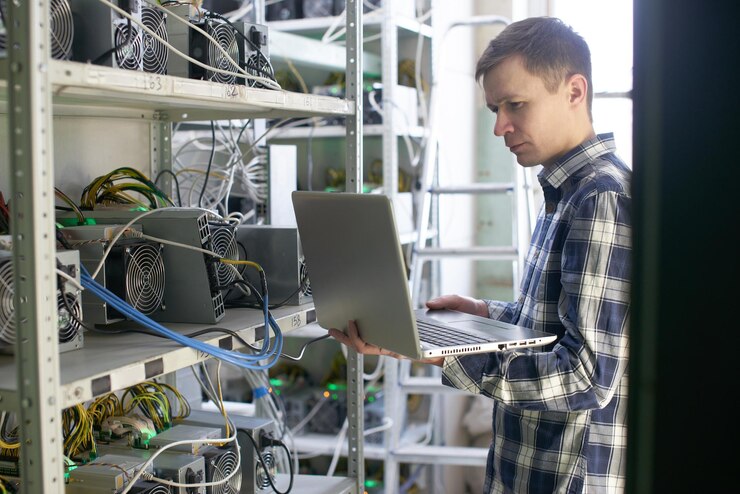 Foto minería. un hombre que trabaja en una granja para la extracción de criptomonedas. negocio bitcoin