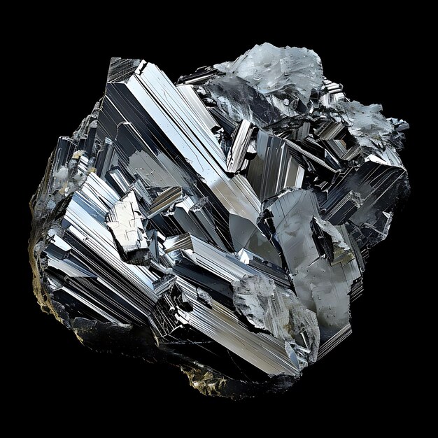 Foto minério de plutônio com cristais alongados cor branca prateada um material terrestre isolado em preto bg
