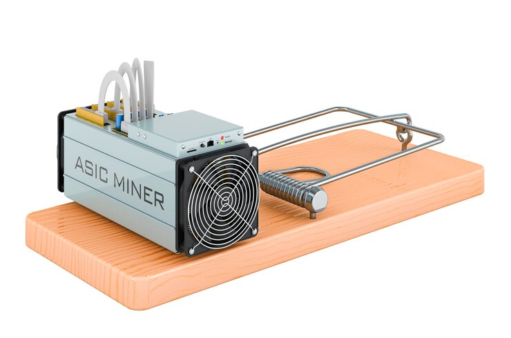 Foto minero asic dentro de la representación 3d de la ratonera