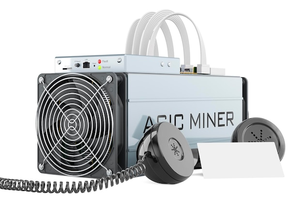 Minero ASIC con tarjeta de visita en blanco y renderizado 3D de receptor de teléfono retro