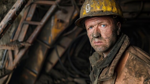 Foto minero de carbón en uniforme con polvo de carbón en la cara y las manos