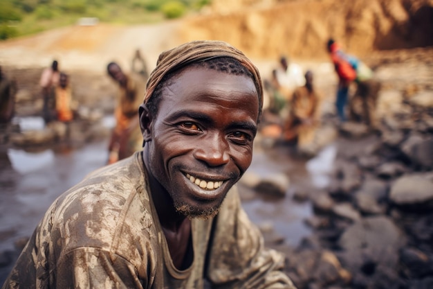Un minero de diamantes africano flaco en el fondo Trabajadores tradicionales africanos lavando diamantes