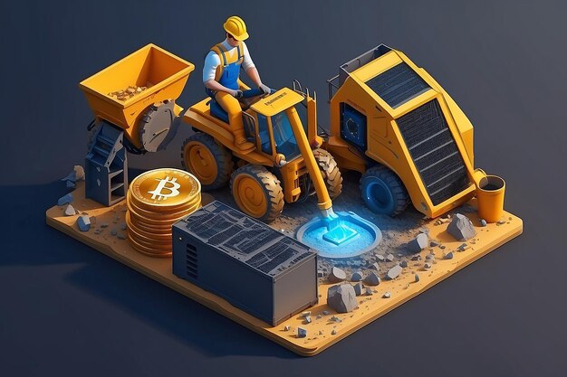 El minero isométrico está excavando en bitcoin dorado Dispositivos y tecnología para la minería de criptomonedas