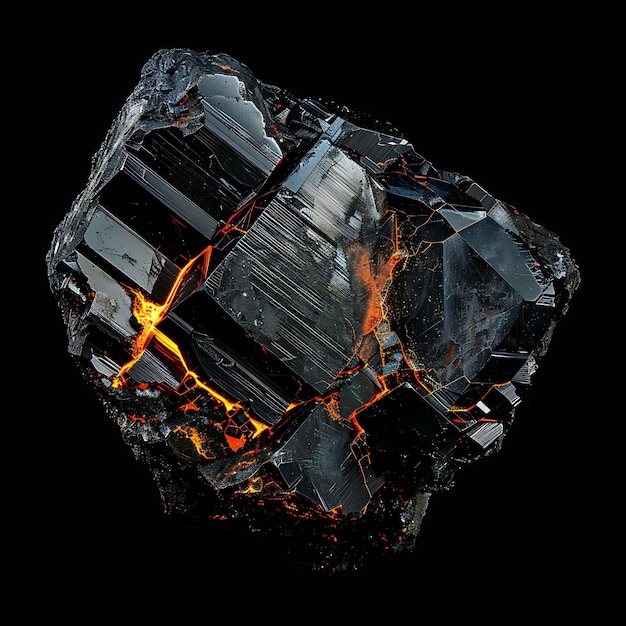 Foto minero de itrio con forma cristalina parecida a la de un trampolín de color gris oscuro y material de tierra aislado en bg negro