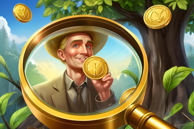 Un minero de oro exitoso Un tipo afortunado mirando de cerca una moneda de oro a través de una lupa cerca del árbol del dinero