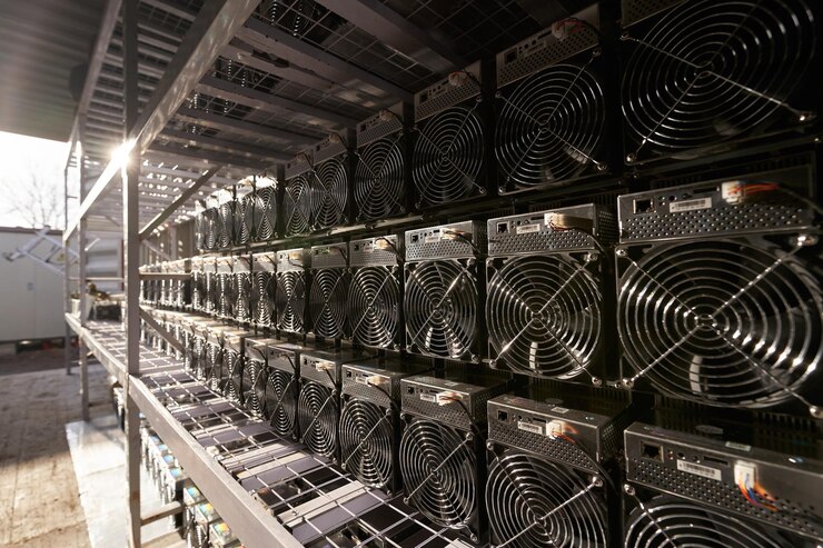 Foto los mineros de bitcoin asic en el almacén equipamiento de minería asic en bastidores de soporte para la minería de criptomonedas en contenedores de acero aplicación de la tecnología blockchain unidades de almacenamiento de circuitos integrados específicos