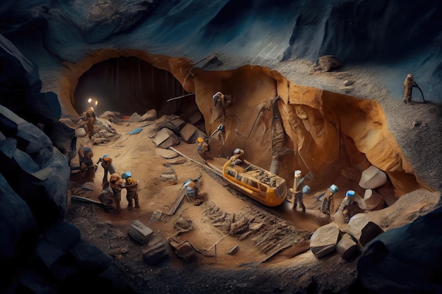 Mineros cavando profundamente en la tierra rodeados de riqueza de recursos naturales