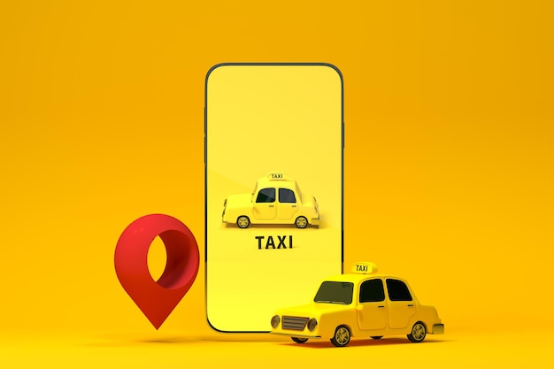Mini-3D-Taxi-Mini-Auto mit einem Mobiltelefon 3D-Rendering
