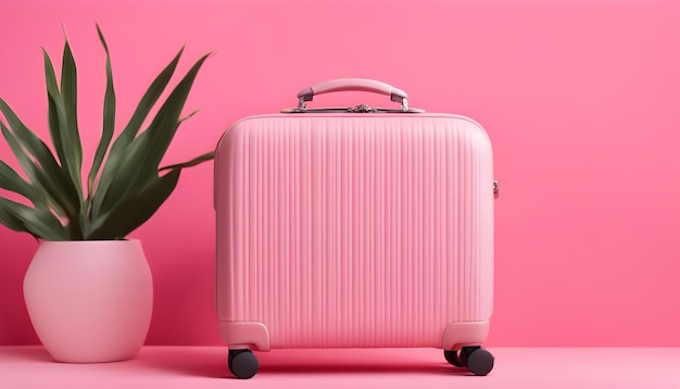 Mini bagagem de viagem voando em um fundo rosa conceito de viagem de minimalismo