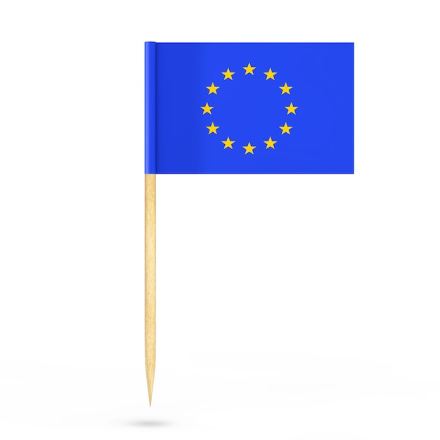 Mini bandera puntero de papel de la Unión Europea sobre un fondo blanco. Representación 3D