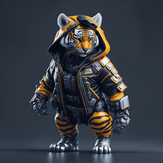 MINI bonito soldado futurista hiper realista Tigre vestindo jaqueta cyberpunk