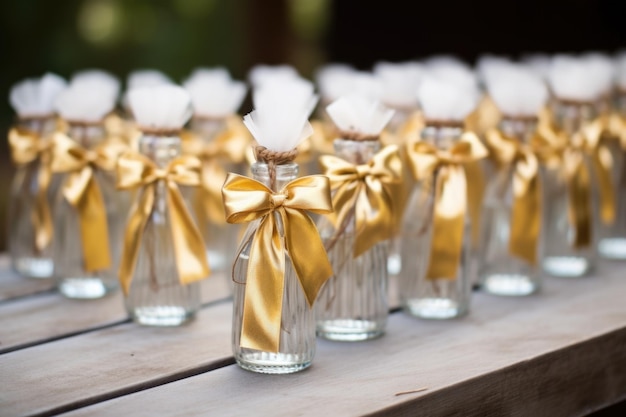 Mini botellas de champán personalizadas con cinta dorada