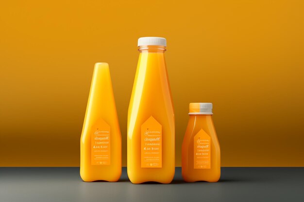 Mini botellas de plástico de jugo de naranja fresco orgánico con naranjas crudas y mandarinas