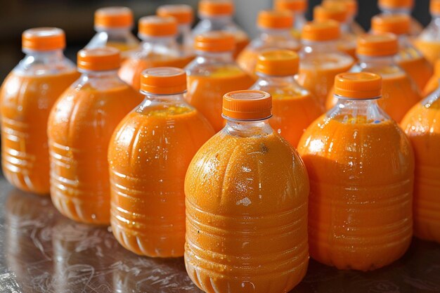 Mini botellas de plástico de jugo de naranja fresco orgánico con naranjas crudas y mandarinas