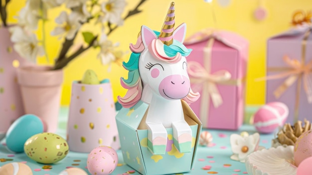 Mini caja de regalo de cartón de leche con un adorable unicornio para la Pascua