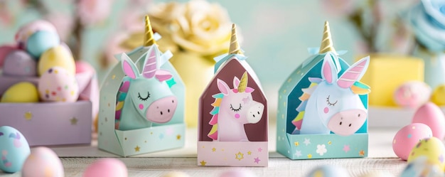 Mini caja de regalo de cartón de leche de color rosa con conejo de Pascua el día de Pascua