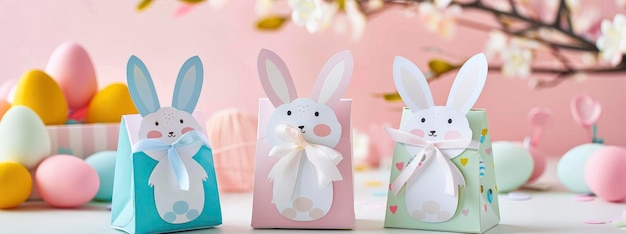 Mini caja de regalo de cartón de leche de color rosa con conejo de Pascua el día de Pascua