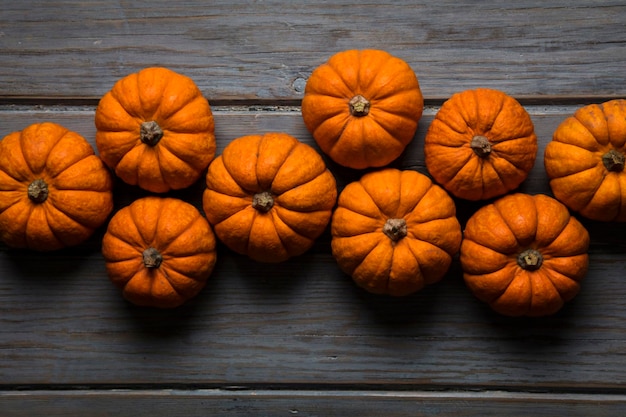 Mini calabazas dispuestas sobre un fondo rústico de madera