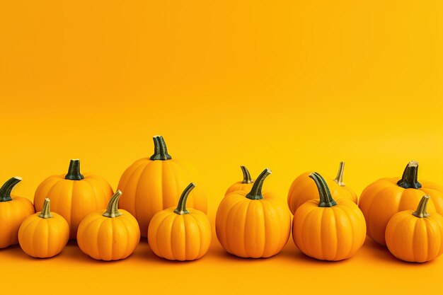 Mini calabazas naranjas sobre fondo amarillo