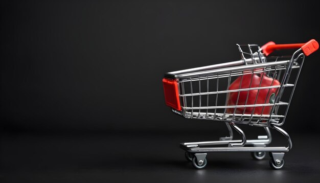 mini carrito de compras de supermercado en fondo negro venta de vacaciones y concepto de compras en línea