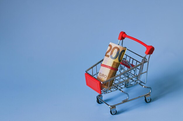 Mini carrito de supermercado con billetes en euros, dinero en una cesta, monedas. fondo azul