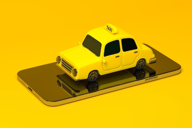 Foto mini carro de táxi 3d com renderização em 3d de telefone celular