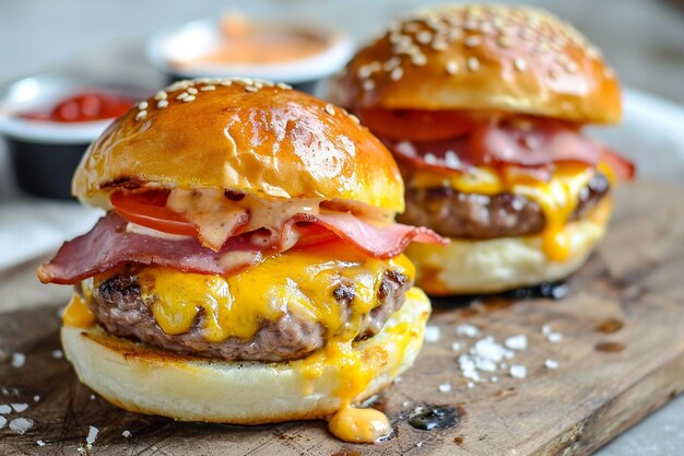 Foto mini cheeseburger con jamón y verduras